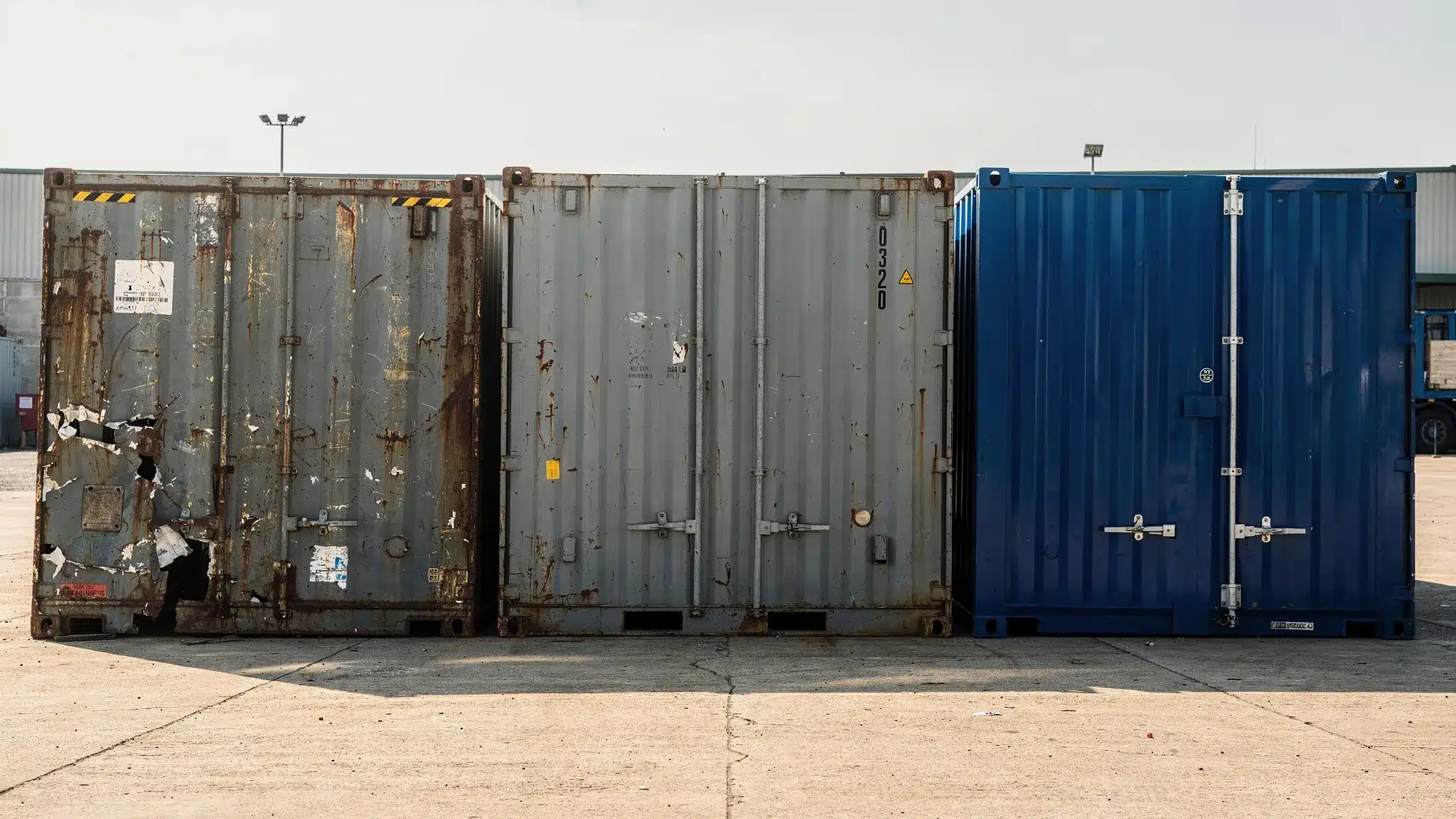 A row of shipping containers in different condition tiers, from heavily used with dents and faded paint to a clean one-trip container, shown side by side for visual comparison.