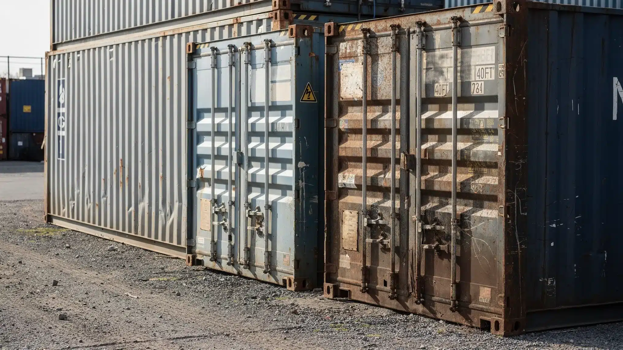 A row of steel 40ft shipping containers in a U.S. storage yard with visible grade differences, including a cleaner one-trip unit and a used wind-and-watertight unit, with doors closed and corner castings visible.