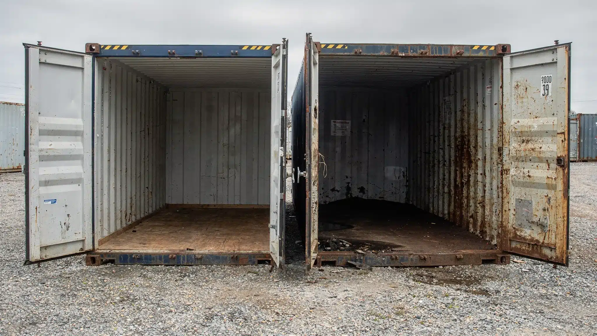 A side-by-side scene showing two used storage containers on a gravel lot: one with straight doors, intact seals, and a clean interior, and another with visibly bent door bars, rust streaks, and a floor corner that looks soft, illustrating why the cheapest option can lead to repairs and damage.