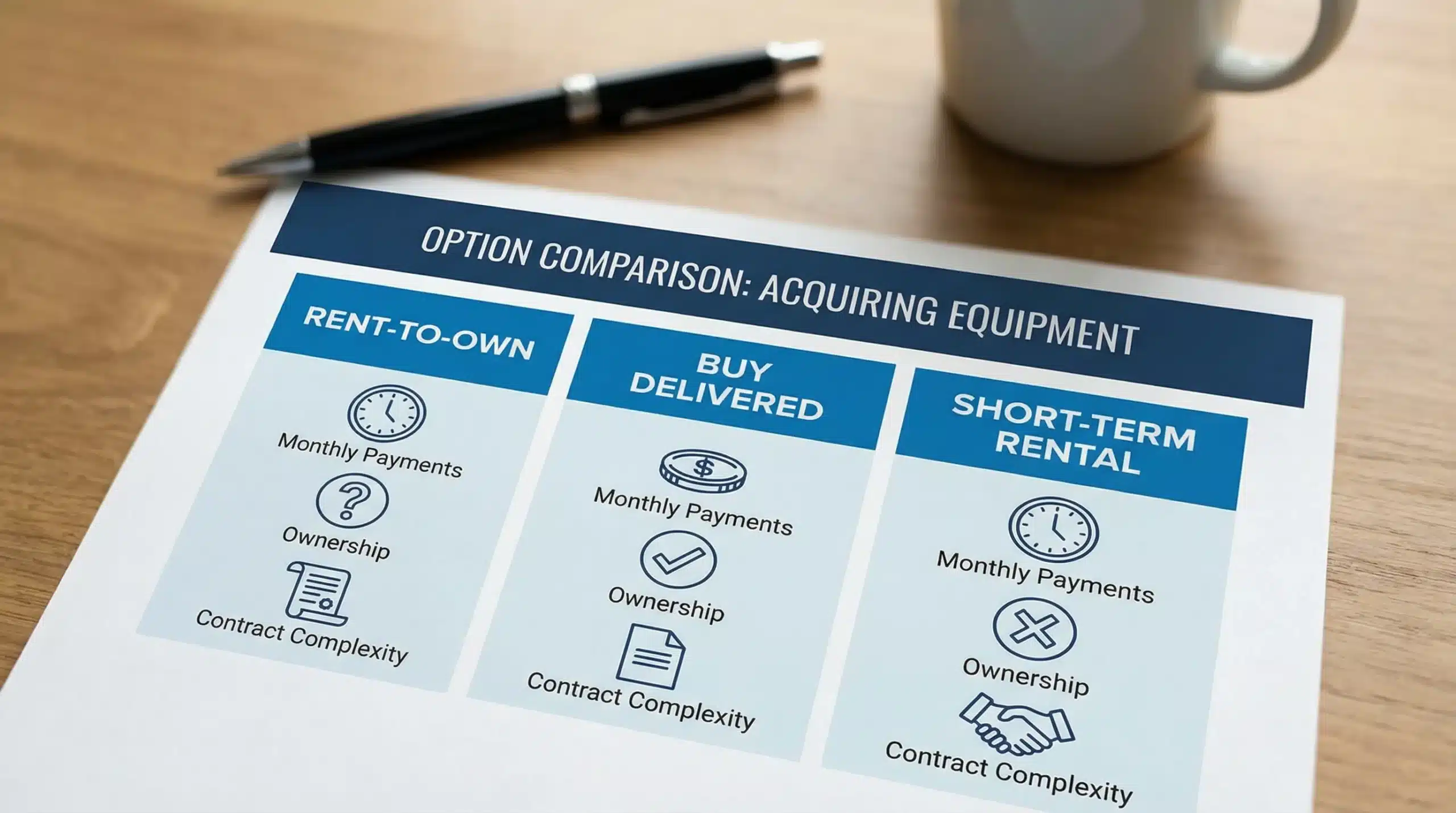 Rent to Own Sea Containers: Who It Fits and What to Watch 2 A simple comparison graphic showing three options, rent-to-own, buy delivered, and short-term rental, with icons for monthly payments, ownership, and contract complexity.