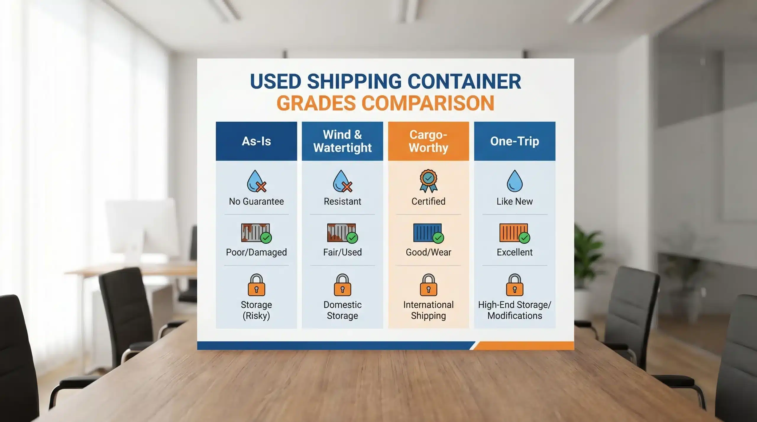 A simple comparison graphic showing used shipping container grades: As-Is, Wind & Watertight, Cargo-Worthy, and One-Trip, with icons for leak resistance, cosmetic condition, and typical use cases.