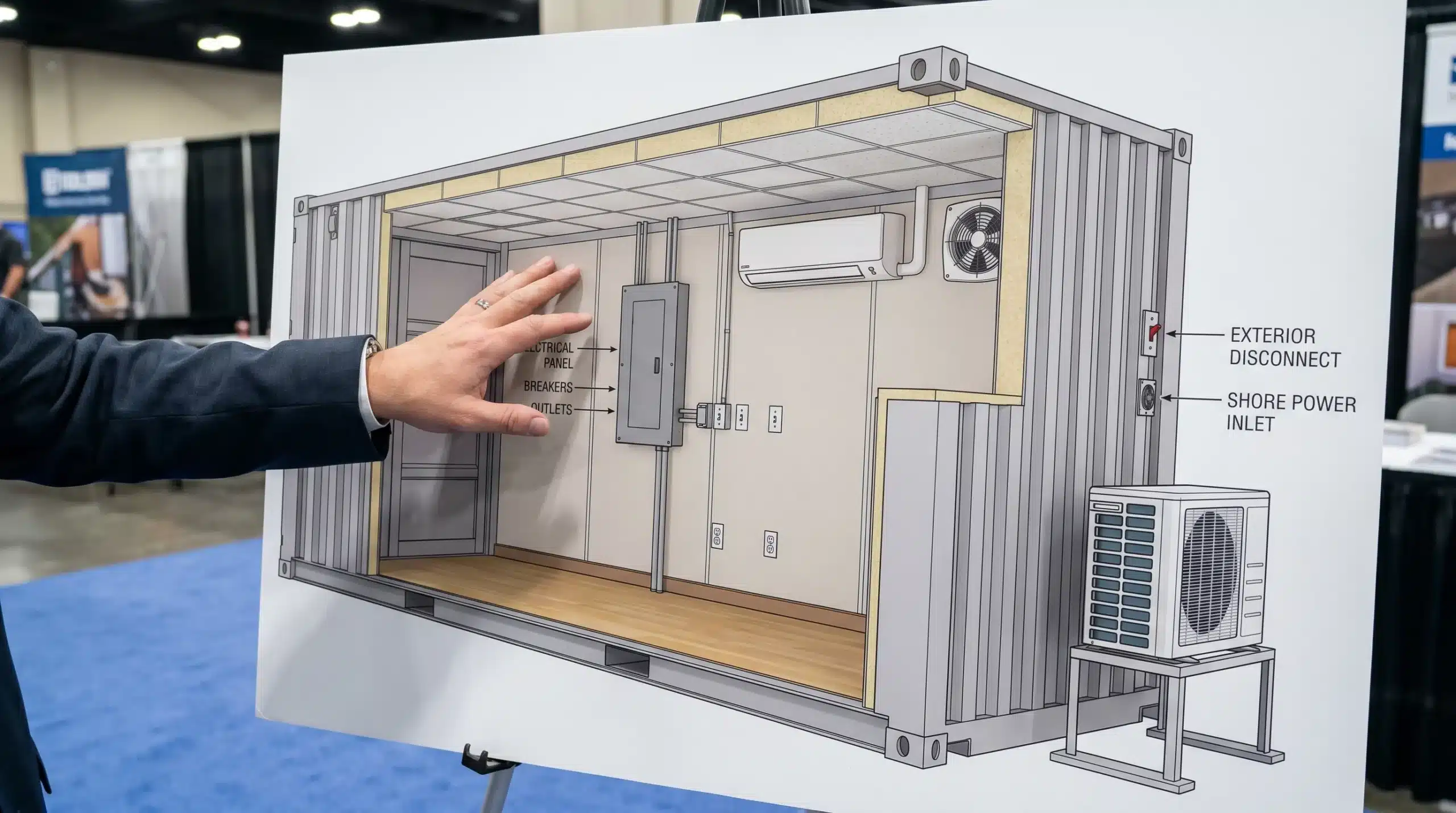 A simple cutaway illustration of a shipping container office showing key systems: insulated walls and ceiling, an electrical panel and outlets, a mini-split indoor head with outdoor condenser, ventilation fan, and labeled locations for exterior disconnect and shore power inlet.