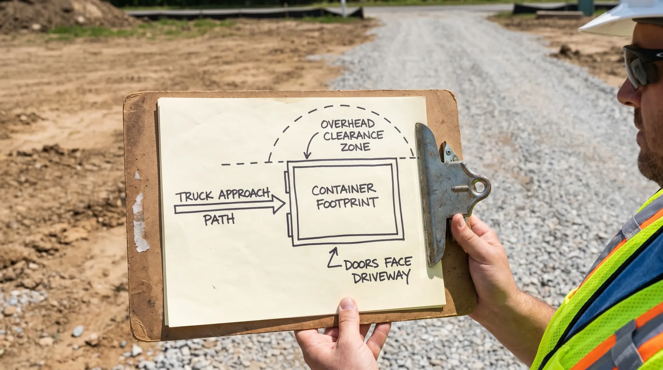 A simple diagram showing a container drop zone: a marked rectangle for the container footprint, a straight truck approach path, overhead clearance zone, and a note for door orientation facing a driveway.