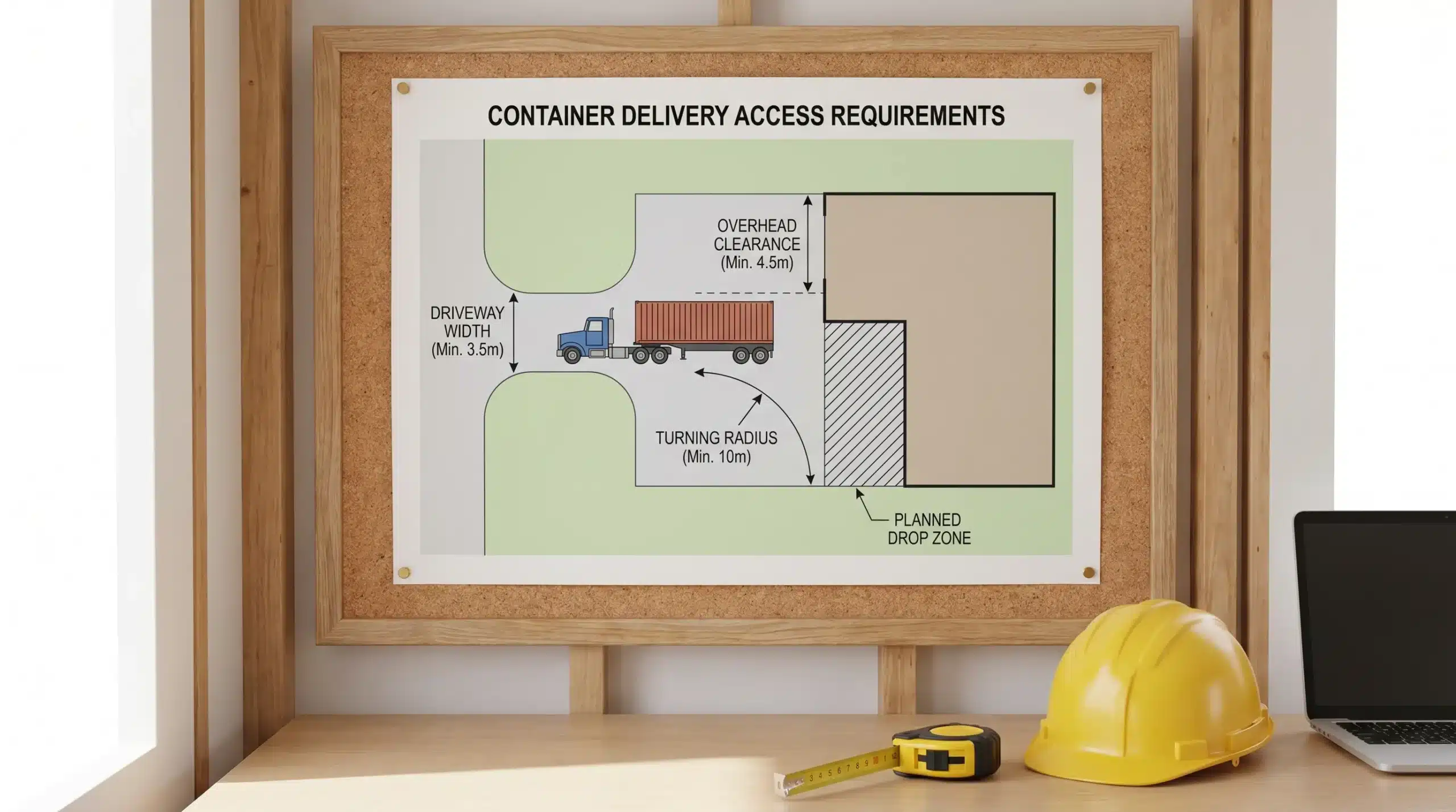 A simple diagram showing container delivery access requirements with labeled elements: driveway width, turning radius, overhead clearance, and the planned drop zone next to a building.