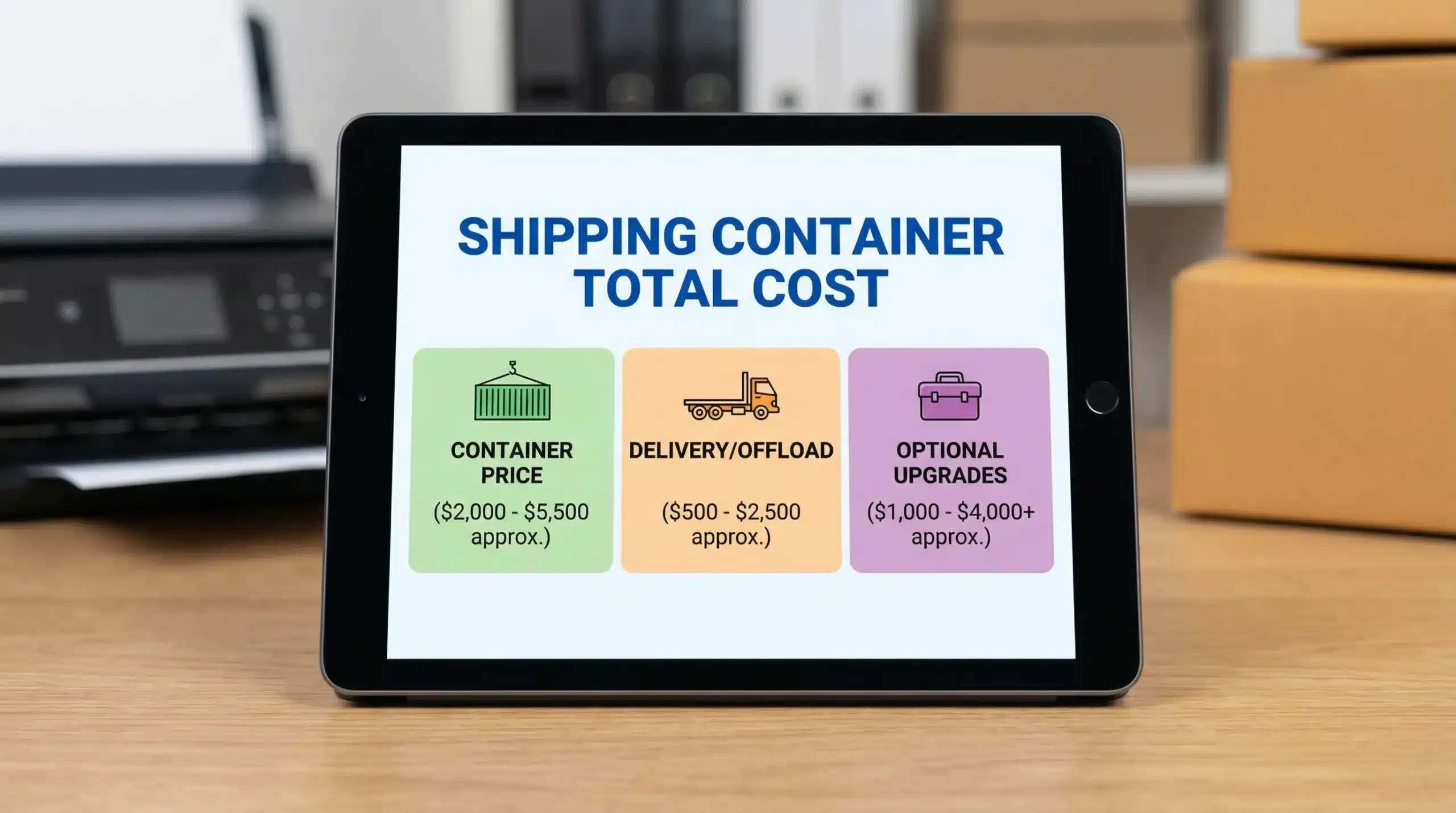 How Much Does a Shipping Container Cost? Full Price Guide 1 A simple infographic showing shipping container total cost as three parts: container price, delivery/offload, and optional upgrades, with example dollar ranges for each.