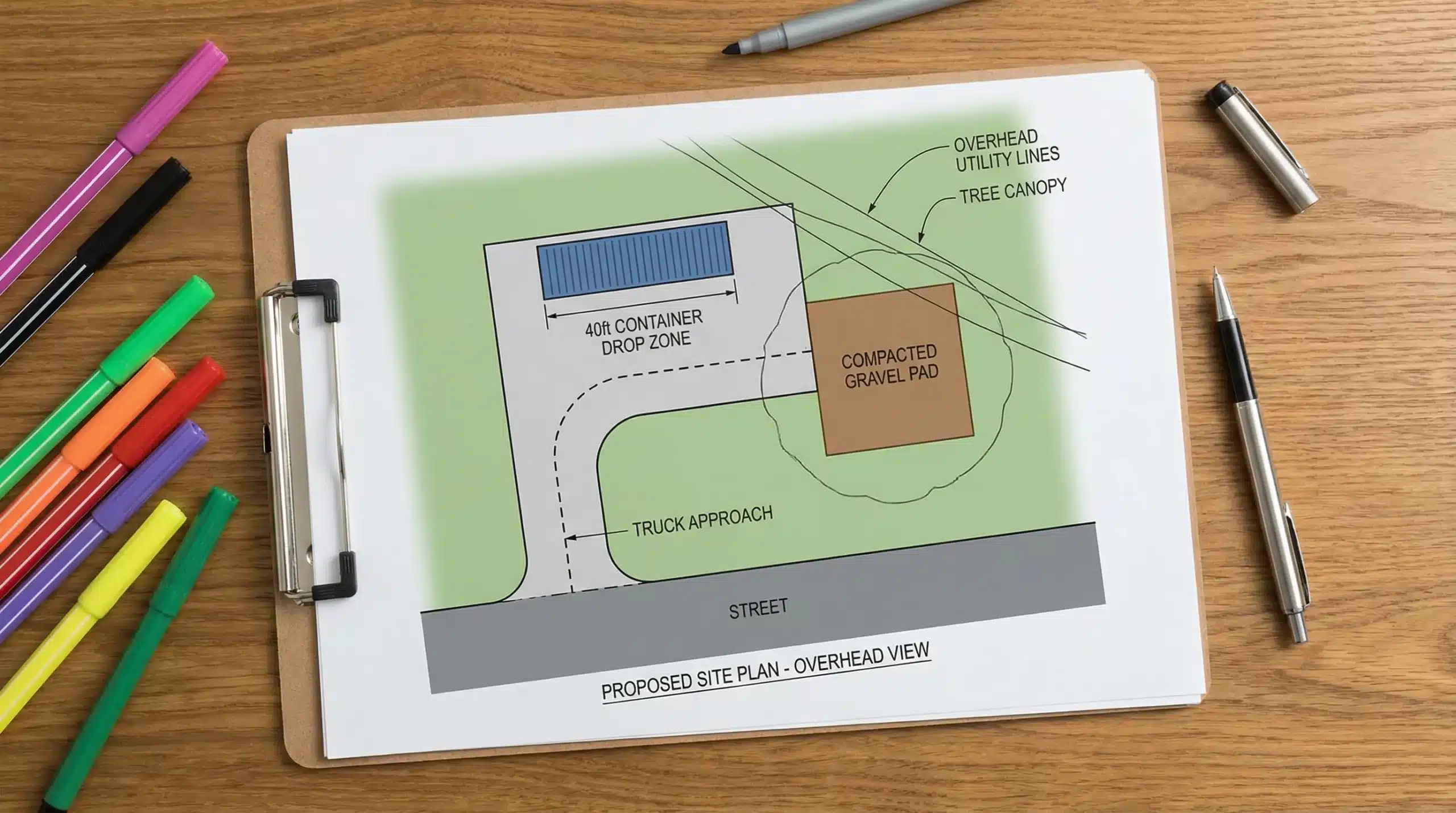 Buy 40ft High Cube Container: Site Prep and Delivery Tips 1 A simple overhead illustration of a property showing the street, the truck approach path, a marked 40ft container drop zone, overhead clearance hazards like tree branches and utility lines, and a compacted gravel pad location.