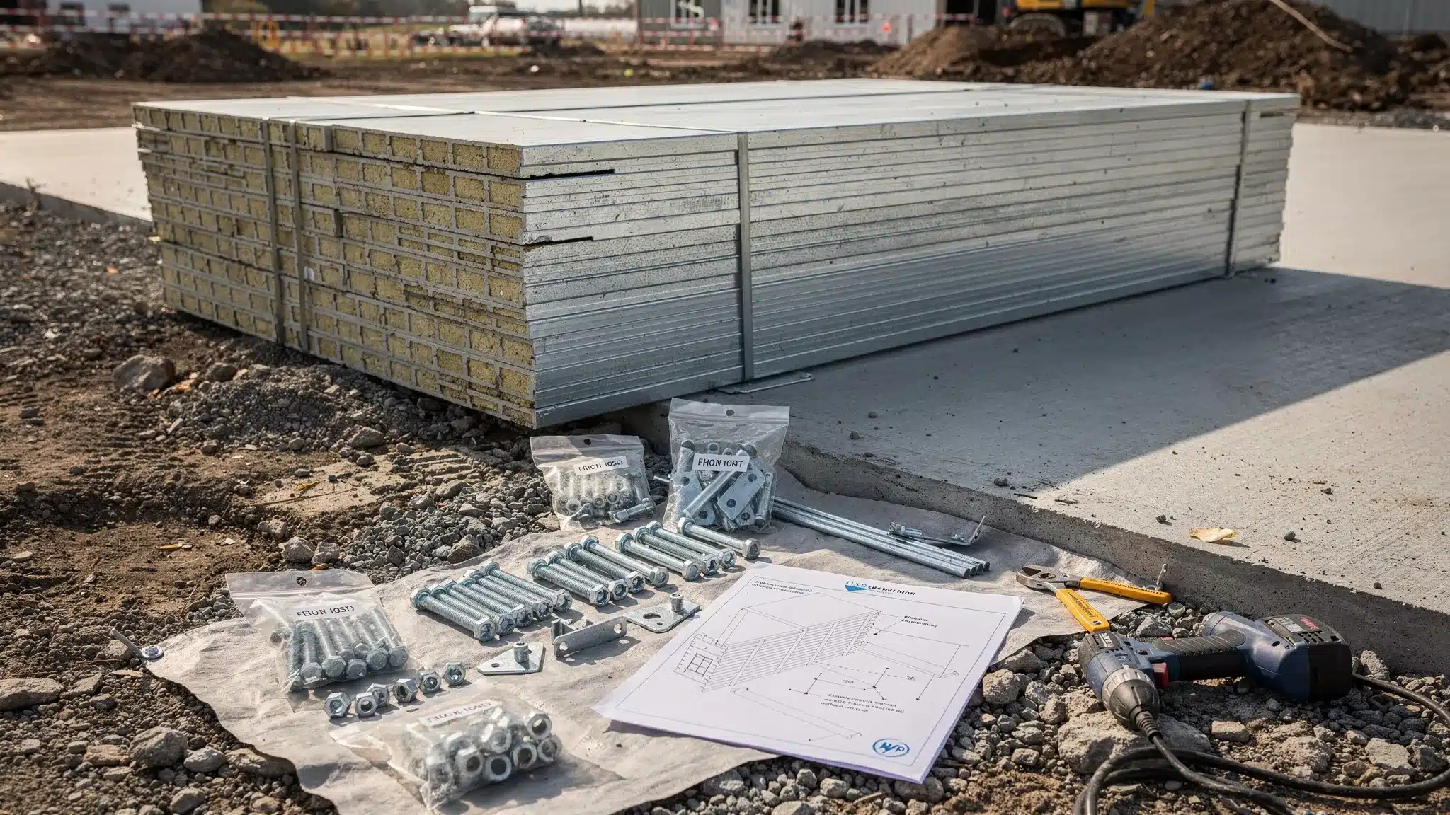 Flat Pack Insulated Containers: Pros, Limits, Best Uses 1 A stack of insulated flat pack container panels staged on a jobsite next to a prepared concrete pad, with hardware bundles and a simple assembly layout shown in the foreground.
