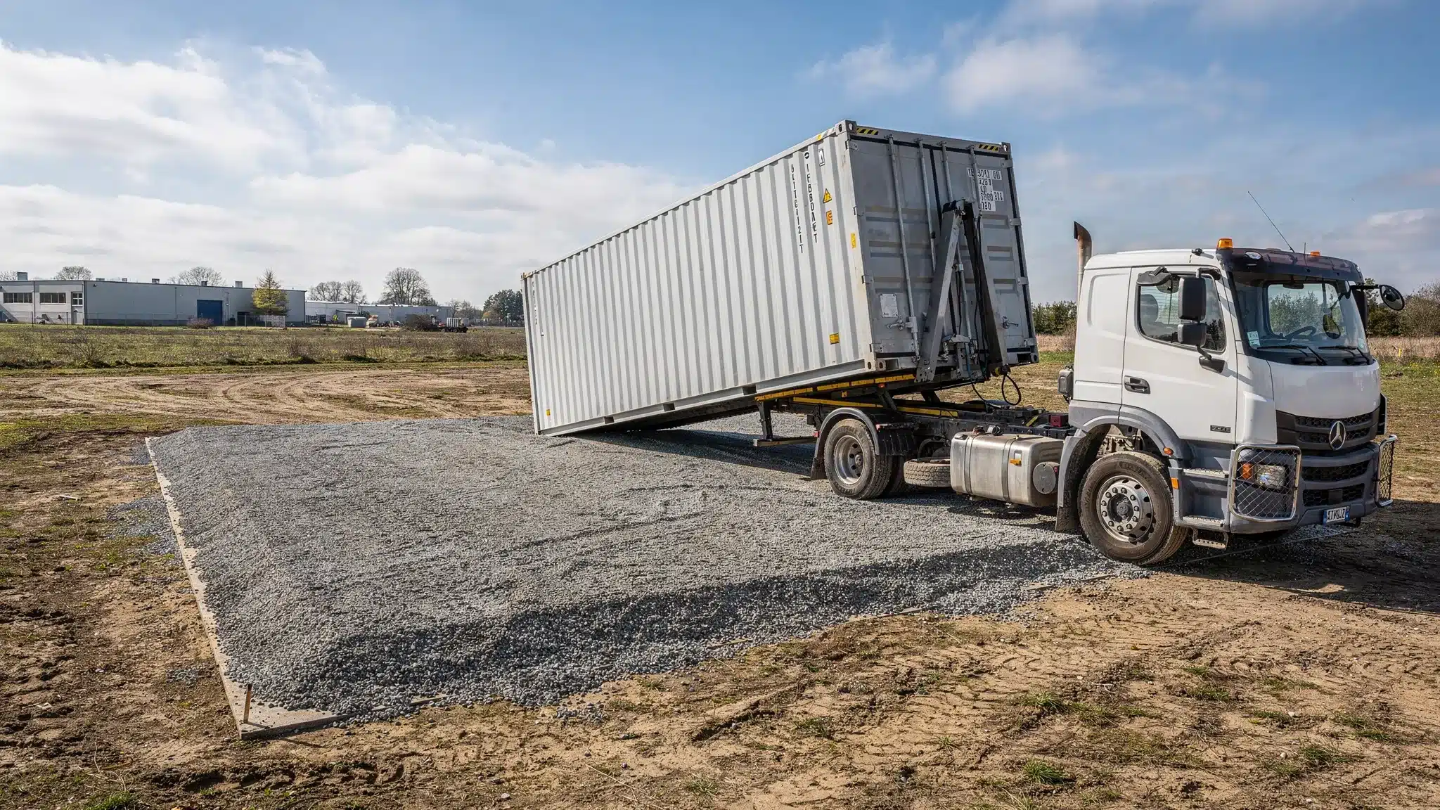 A tilt-bed delivery truck placing a 20ft container onto a level gravel pad with clear overhead space and room for the side doors to open fully.