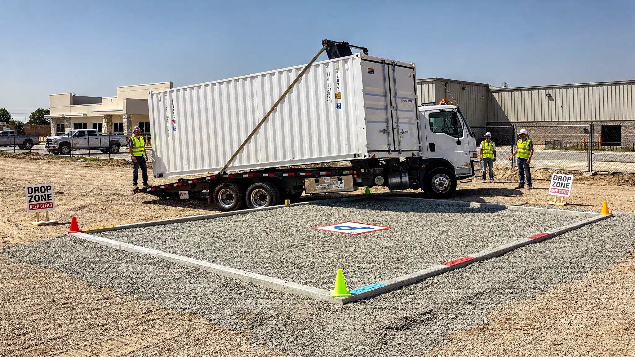 Buy Shipping Container: Avoid Scams and Hidden Delivery Fees 2 A tilt-bed truck delivering a 20ft shipping container onto a level gravel pad at a U.S. jobsite, with clear overhead space and marked drop zone, showing safe delivery access and proper site preparation.