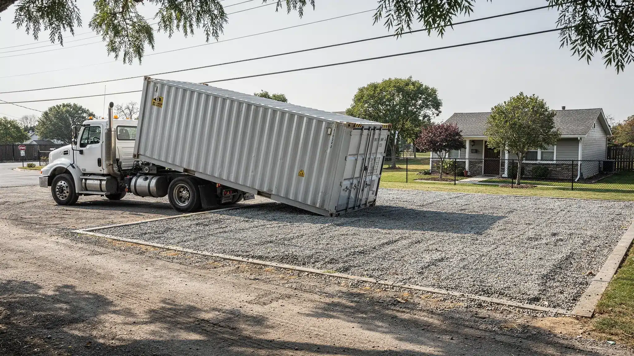 A tilt-bed truck delivering a shipping container to a prepared gravel pad at a residential or light commercial site, showing clear access space, overhead clearance, and door orientation planning.