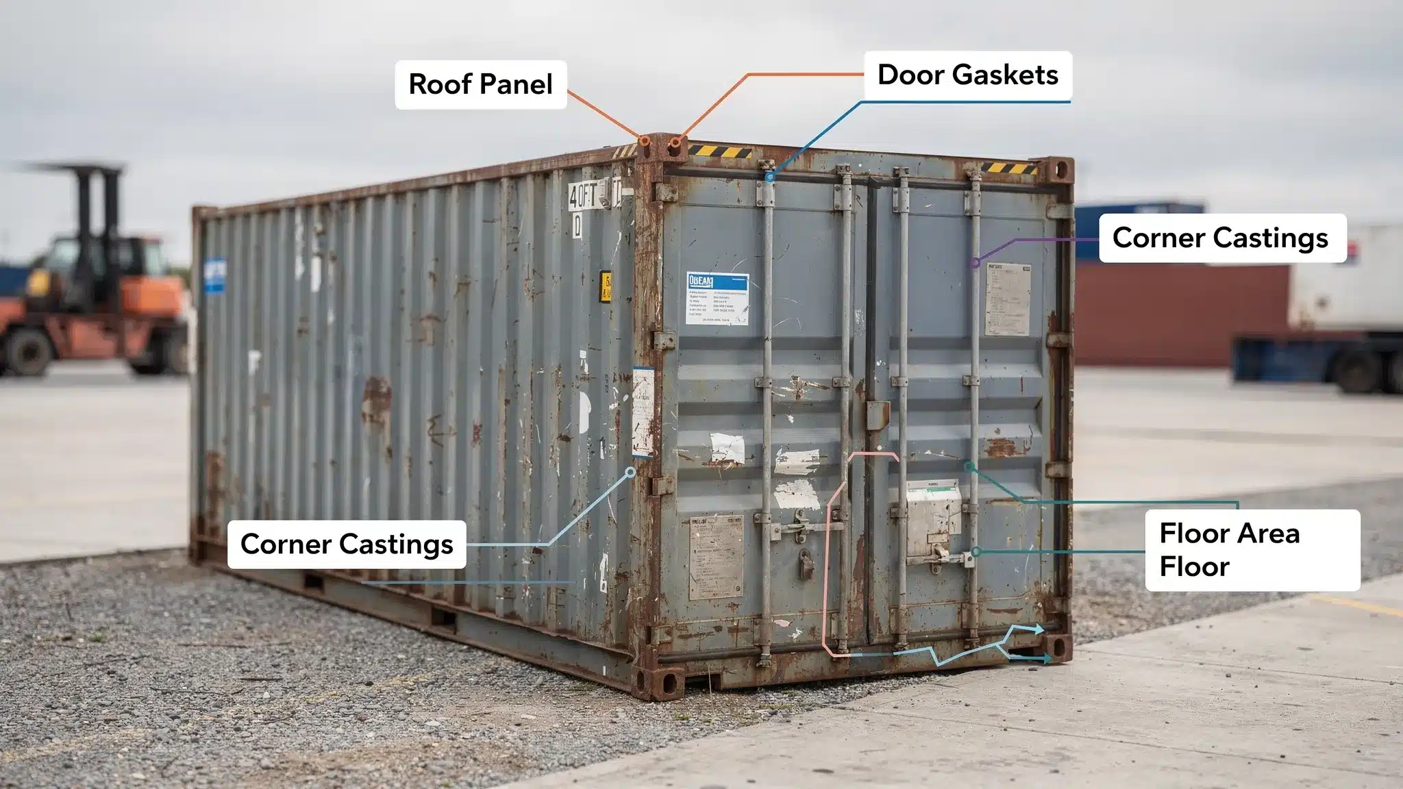 A used 40ft shipping container on a depot lot with doors closed, with simple callouts pointing to the roof panel, door gaskets, corner castings, and floor area as key inspection points.
