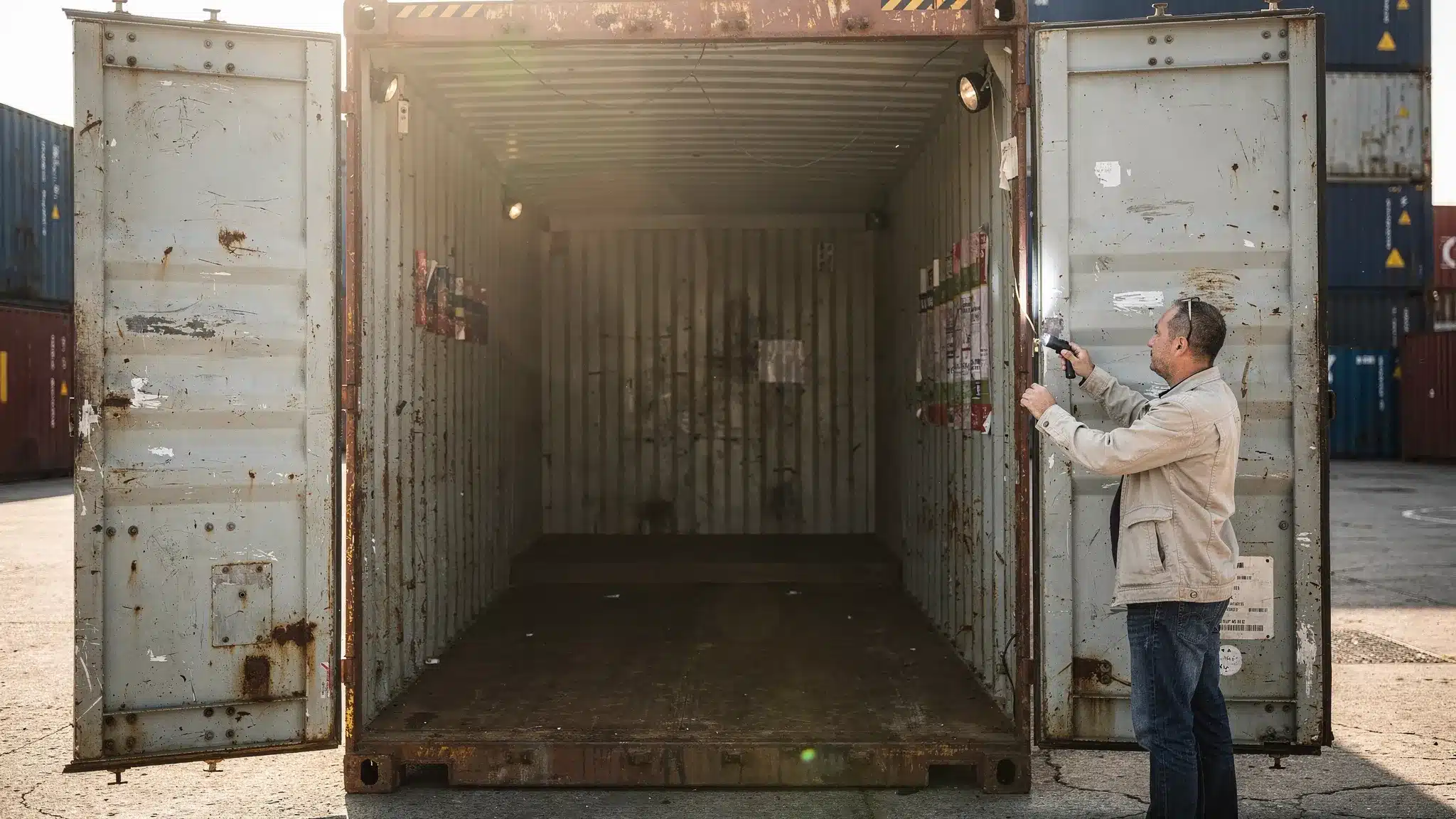 Cargo Container for Sale Near Me: How to Compare Sellers 1 A used shipping container with doors open during inspection, showing the floor, door seals, corner posts, and roofline, with a buyer checking for light leaks and visible rust spots.