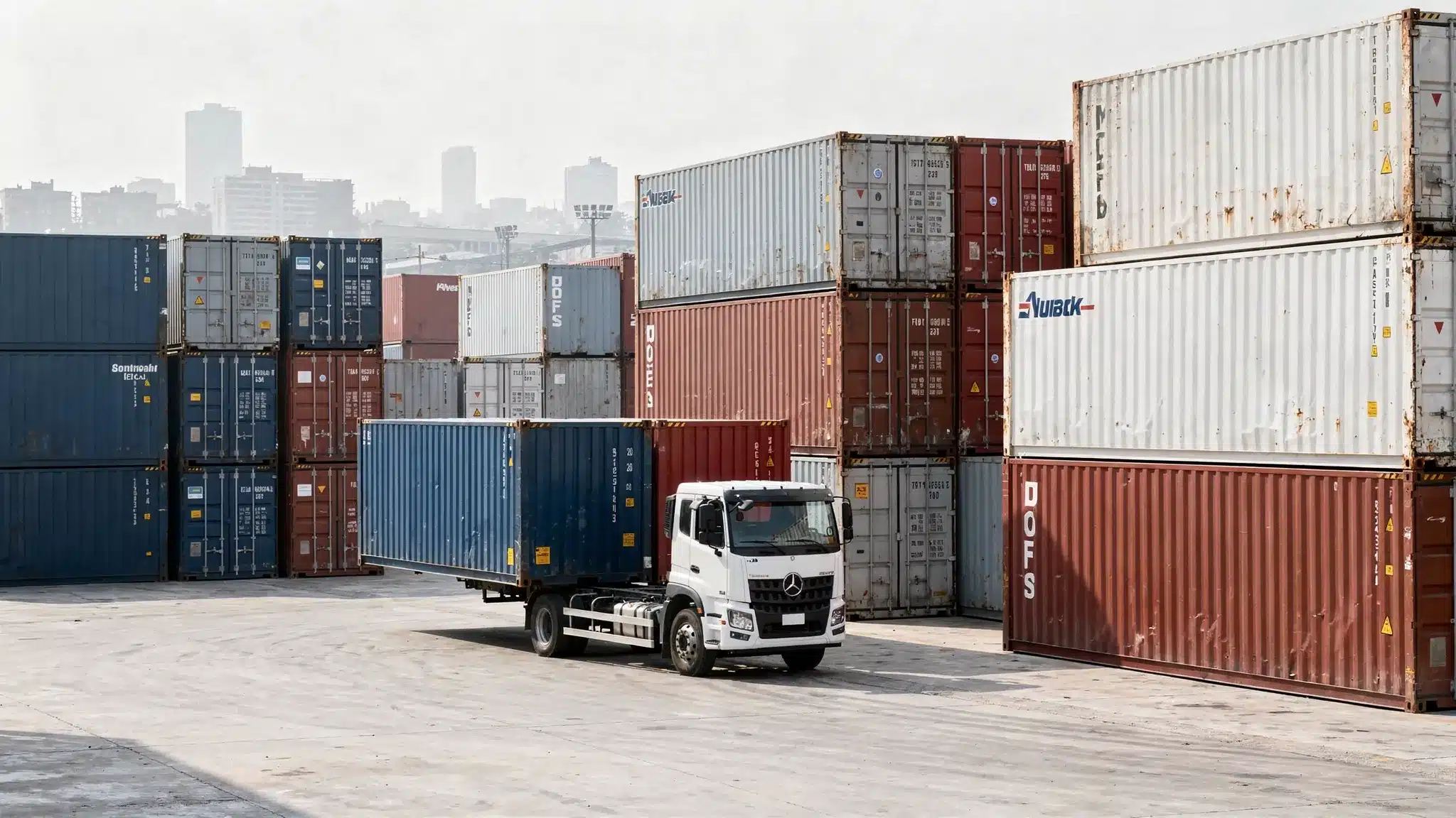 Commercial shipping containers arranged in a storage yard with a delivery truck nearby, showing 20ft and 40ft steel containers ready for business, construction, and warehouse use.