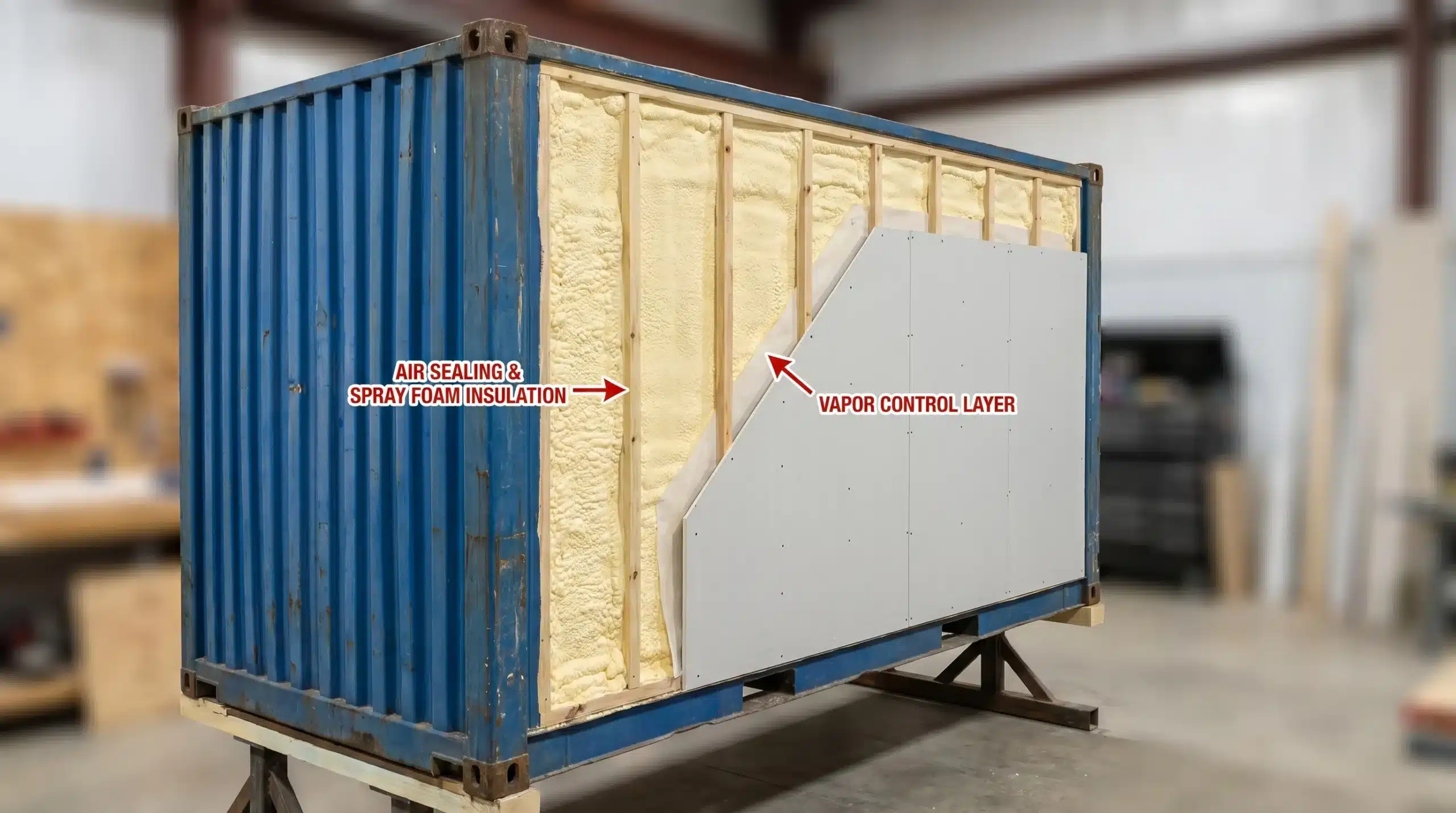 Cutaway view of a steel shipping container wall showing insulation layers, including spray foam on corrugated steel, framed interior furring, and an interior wall panel, with labels for air sealing and vapor control.
