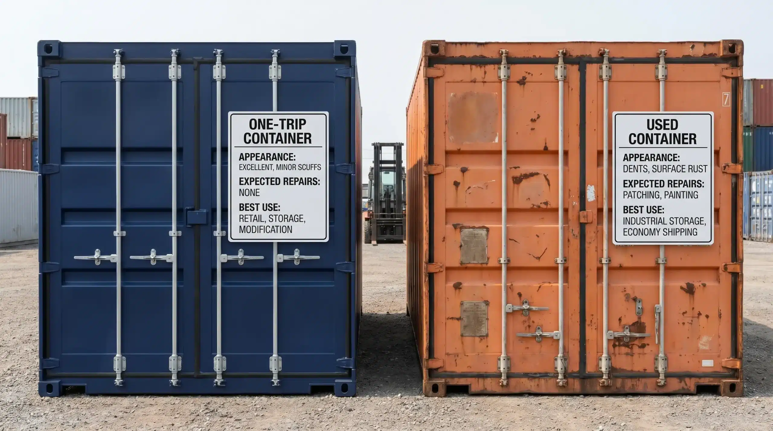 Side-by-side comparison of a clean one-trip shipping container and a used freight container with typical cosmetic dents and surface rust, labeled with key differences like appearance, expected repairs, and best use cases.