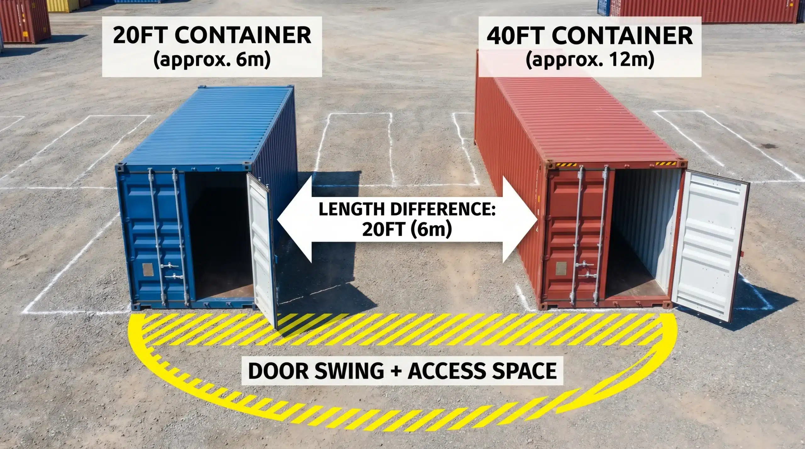 Side-by-side visual showing a 20ft container and a 40ft container on a simple lot outline, with labeled length differences and a marked “door swing + access space” area in front of the doors.