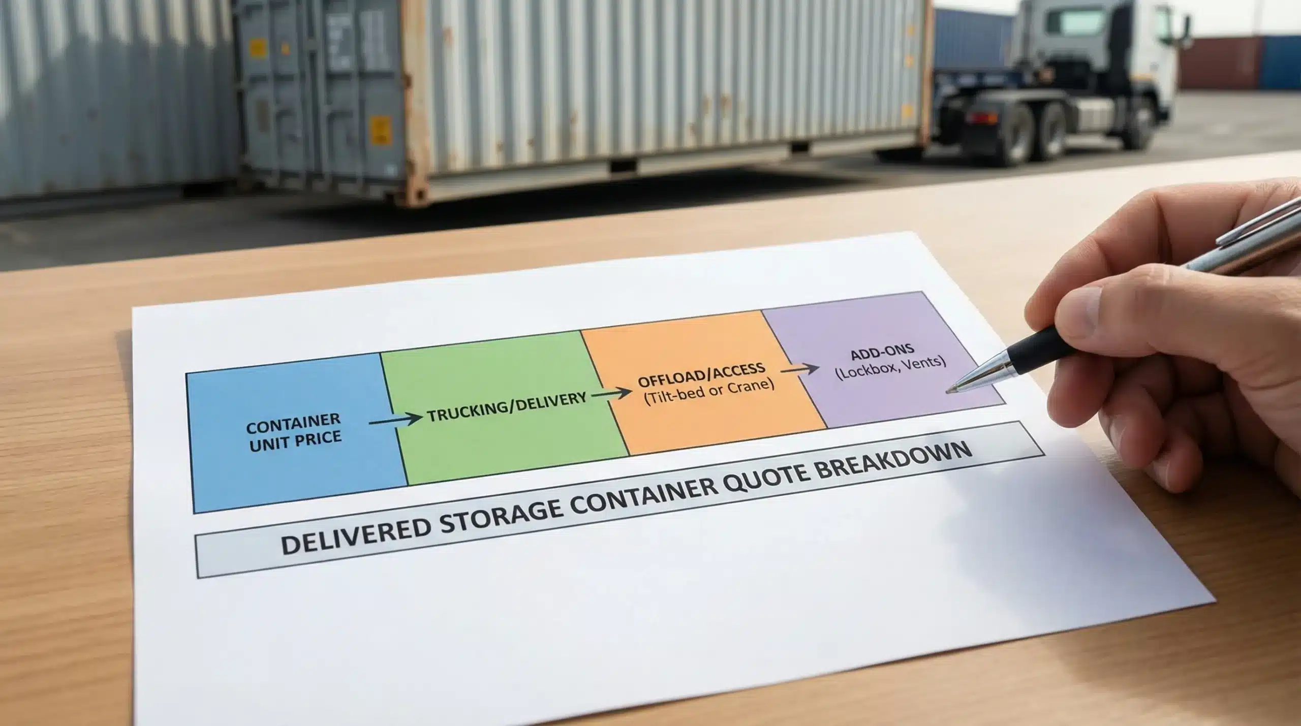 Storage Container Prices: What Impacts Your Delivered Quote 1 Simple diagram showing a delivered storage container quote split into four parts: container unit price, trucking/delivery, offload/access (tilt-bed or crane), and add-ons like lockbox or vents.