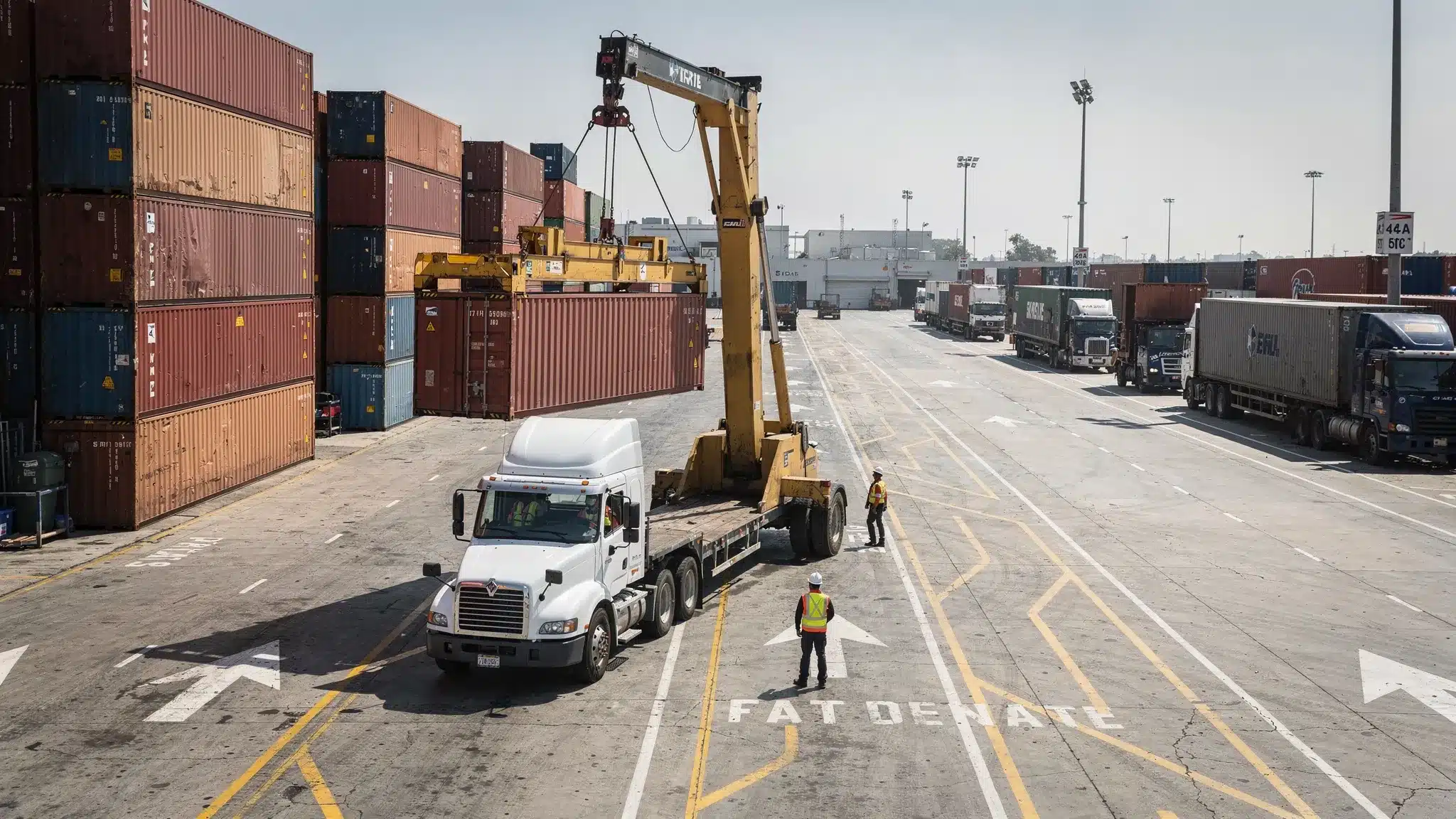 A busy shipping container depot with stacked 20ft and 40ft containers, a delivery truck being loaded, and clear lanes for fast dispatch across the United States.