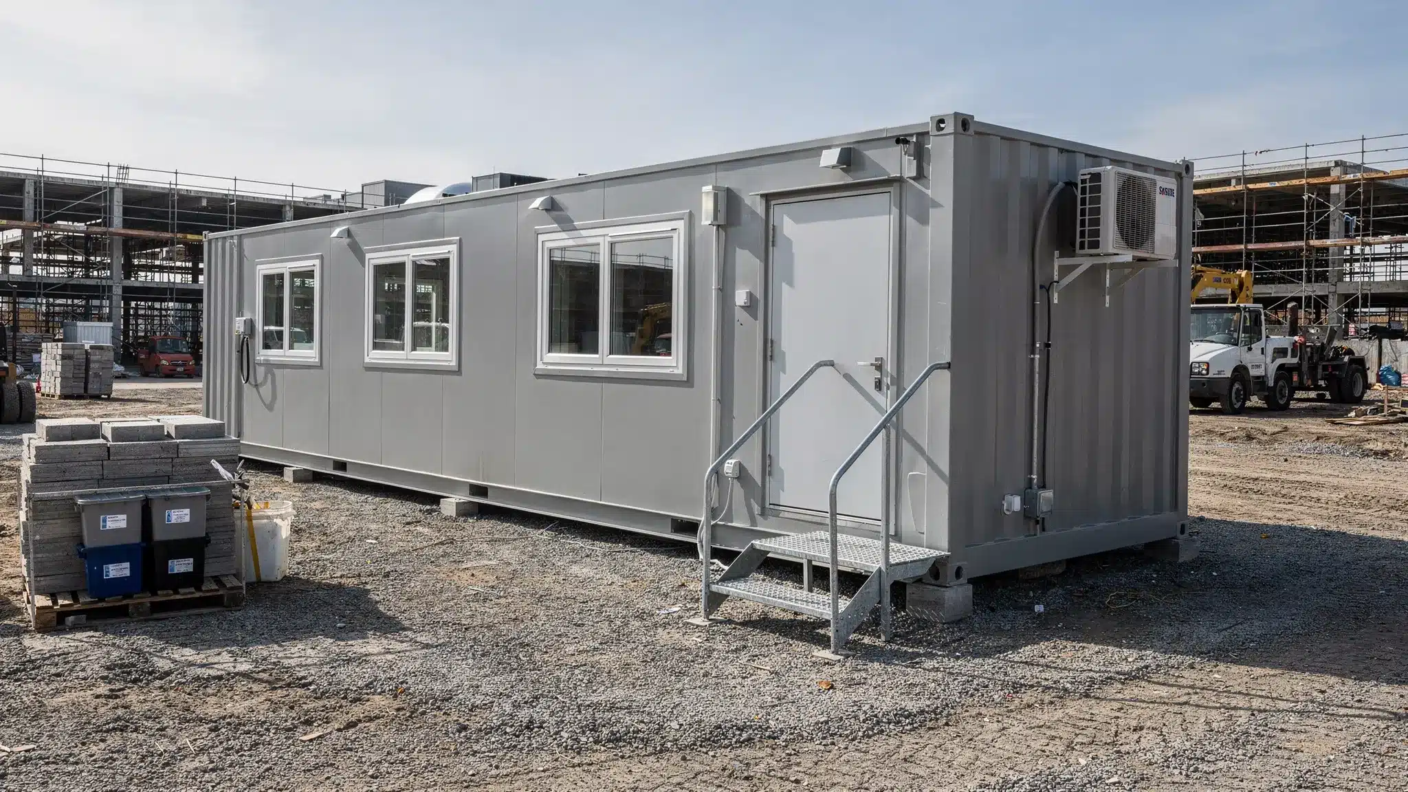 A finished shipping container office placed on a level gravel pad at a construction site, with a personnel door, windows, stairs, HVAC unit, and a small storage area nearby.