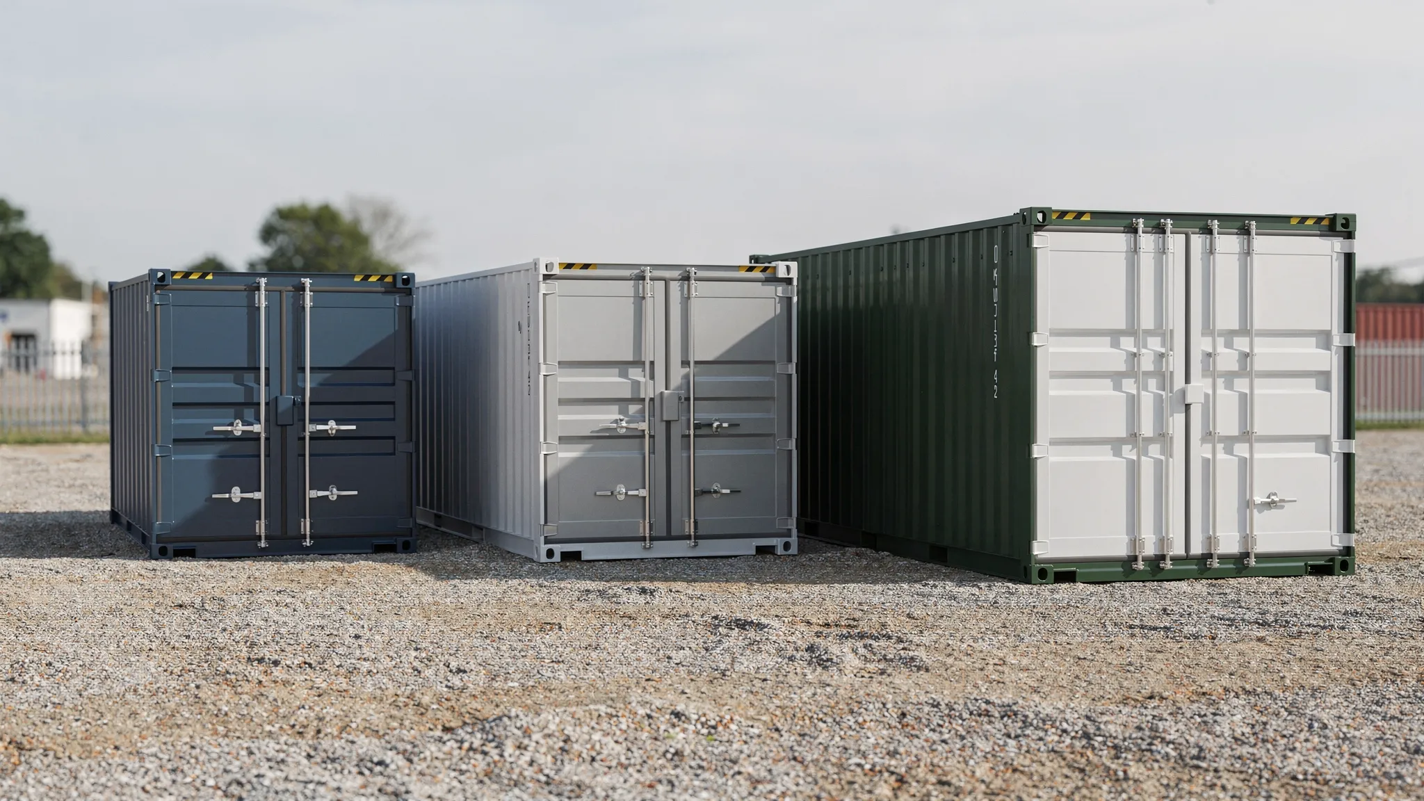 A row of 10ft, 20ft, 40ft, and 40ft high cube steel conex containers placed on a clean gravel yard, showing the size differences clearly for buyers comparing storage options.