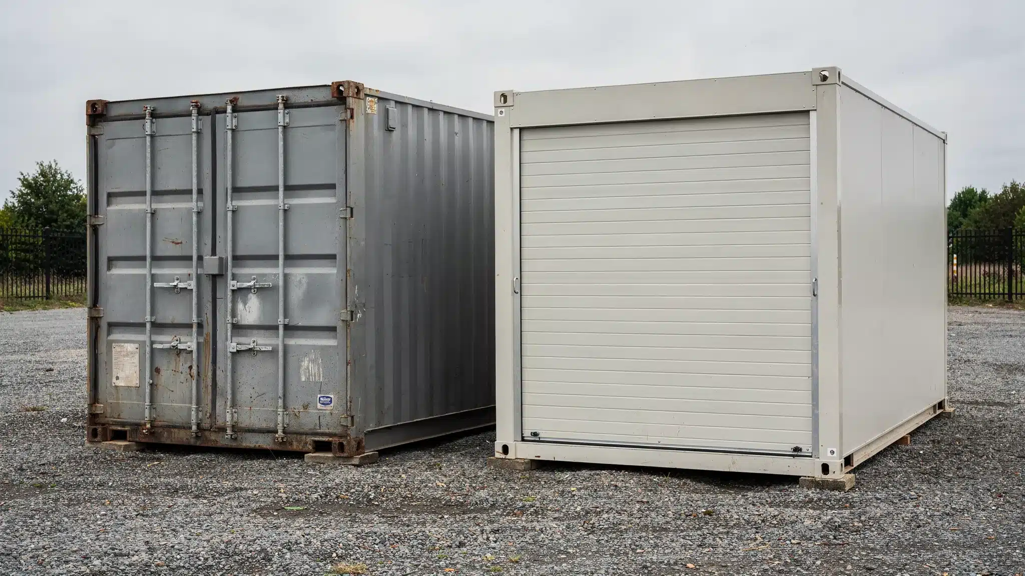 Storage Pods for Sale vs Shipping Containers 1 A steel shipping container and a portable storage pod placed side by side on a level gravel lot, showing the difference in size, construction, doors, and storage access for buyers comparing onsite storage options.