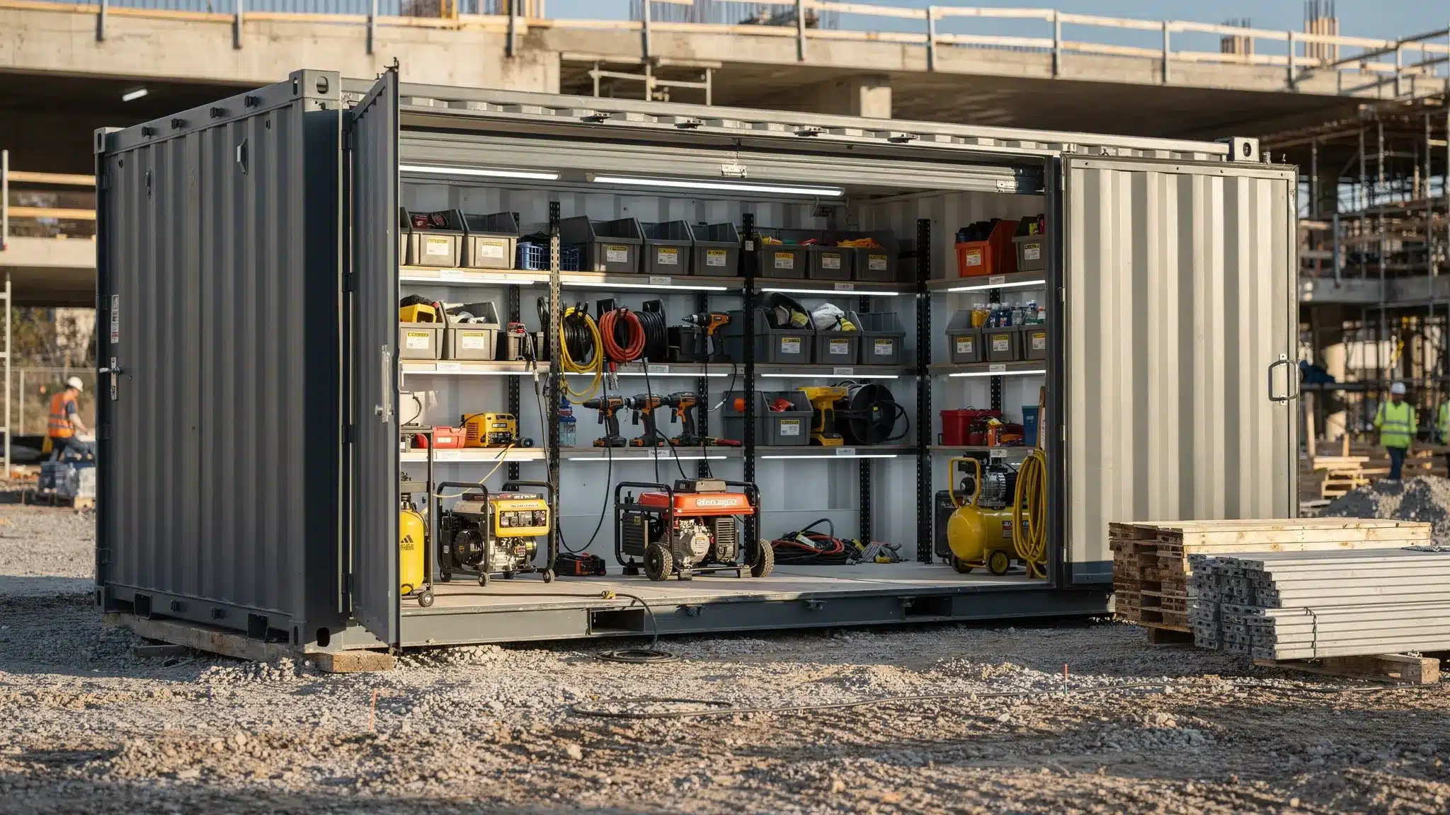 A steel shipping container on a commercial jobsite with a front roll up door open, showing organized tools, shelving, and equipment stored inside.