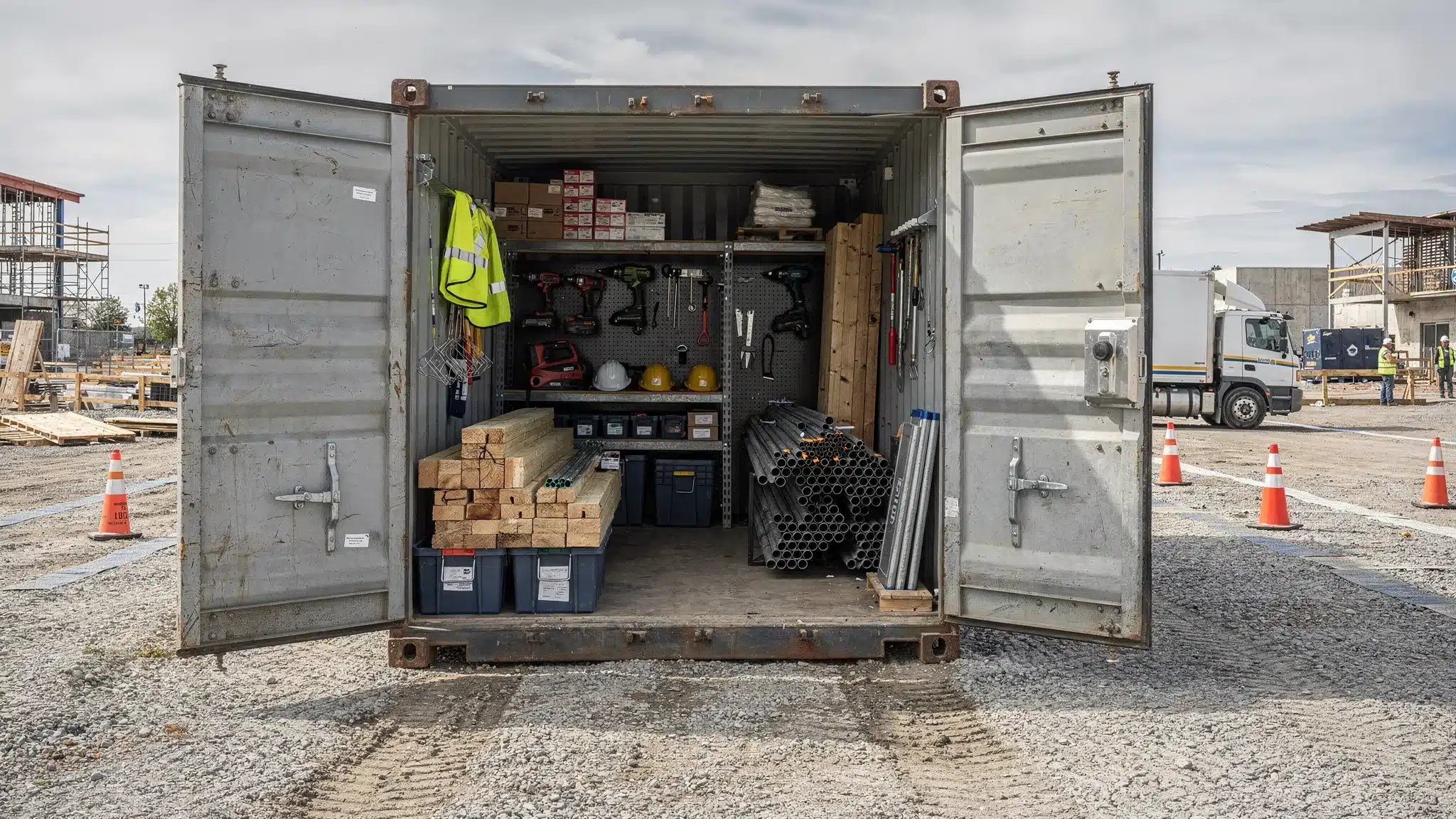A steel shipping container used as secure on site storage at a construction project, with organized tools, stacked building materials, a lockbox on the door, and clear access for workers and delivery vehicles.