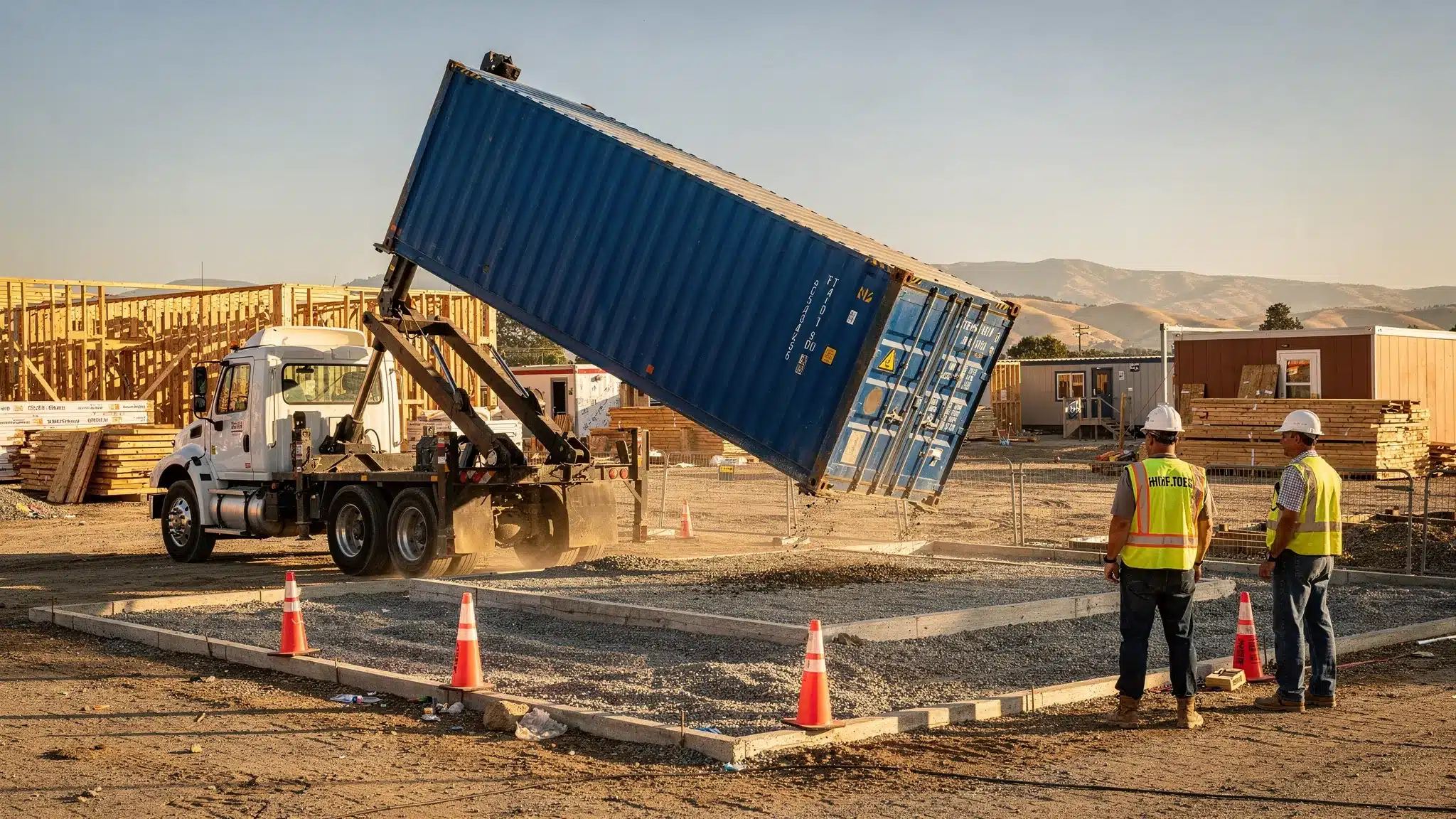 A tilt-bed truck placing a blue shipping container on a prepared gravel pad at a California construction site, with clear access space and workers standing safely away from the delivery area.