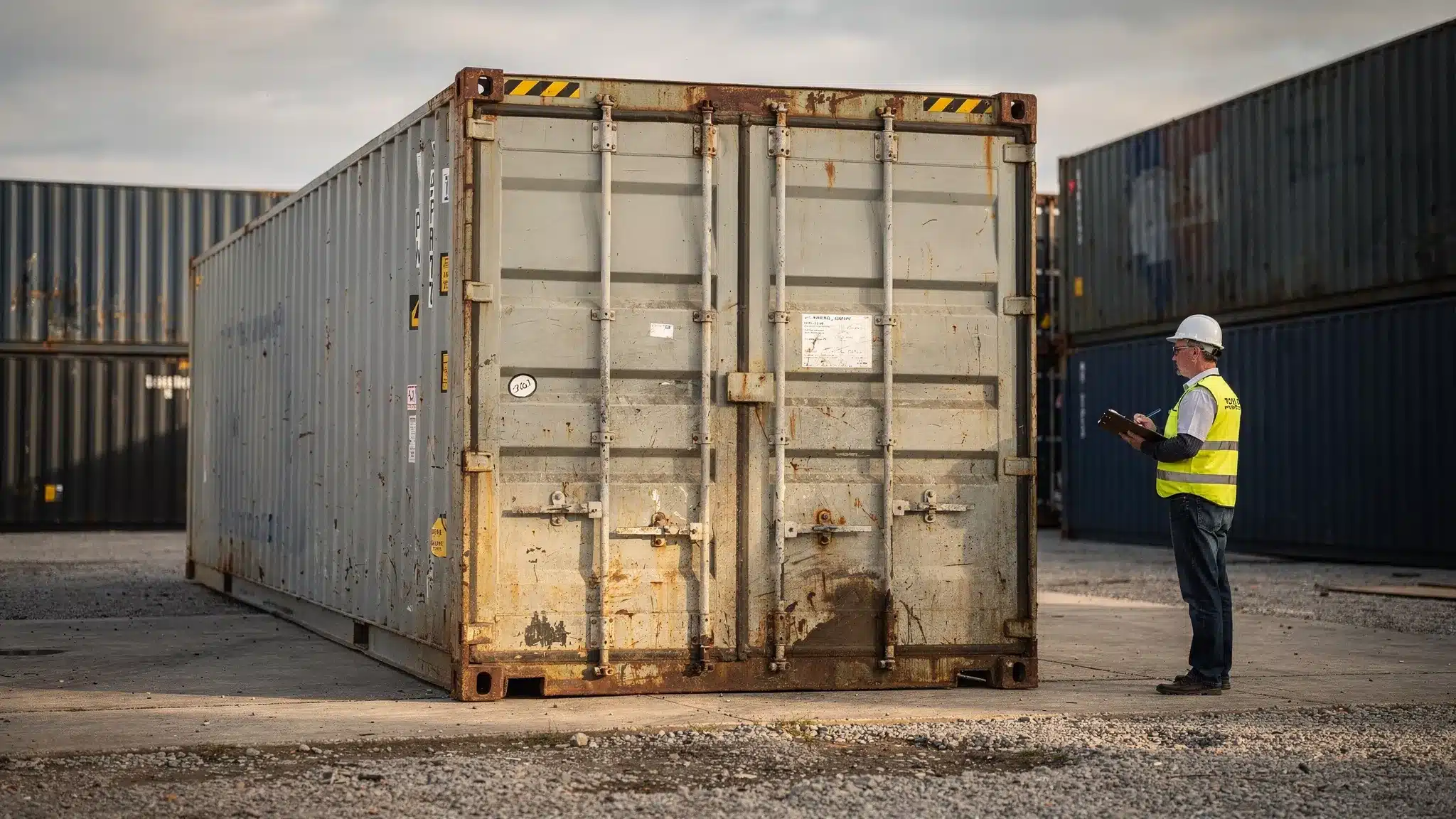 A used shipping container in a commercial yard with visible doors, corner posts, roofline, and floor area being inspected before delivery.