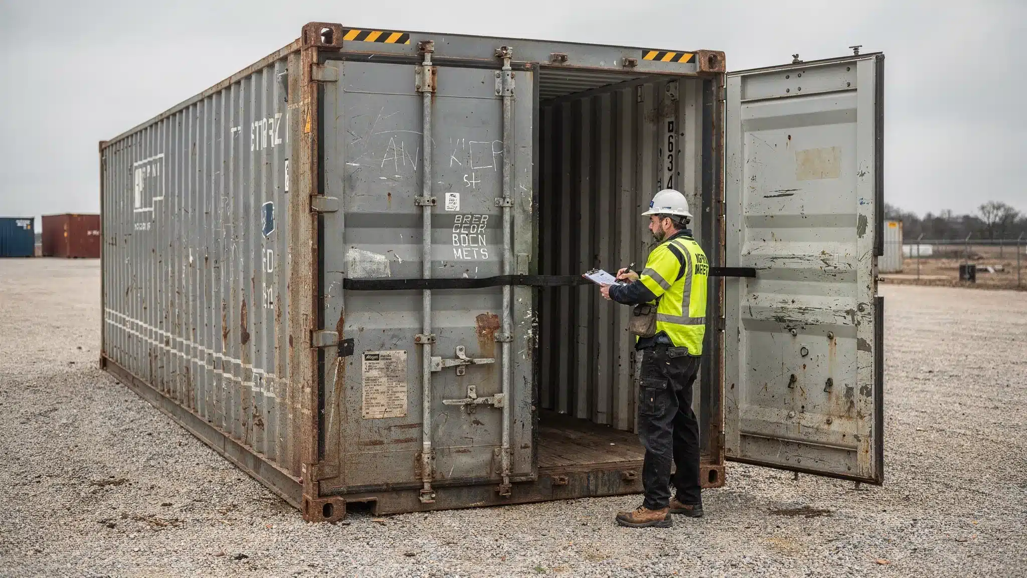 Used Freight Containers for Sale: Inspection Tips 1 A used steel freight container on a gravel lot with its cargo doors open while an inspector checks the door seals, floor, side panels, roof edges, and corner posts.