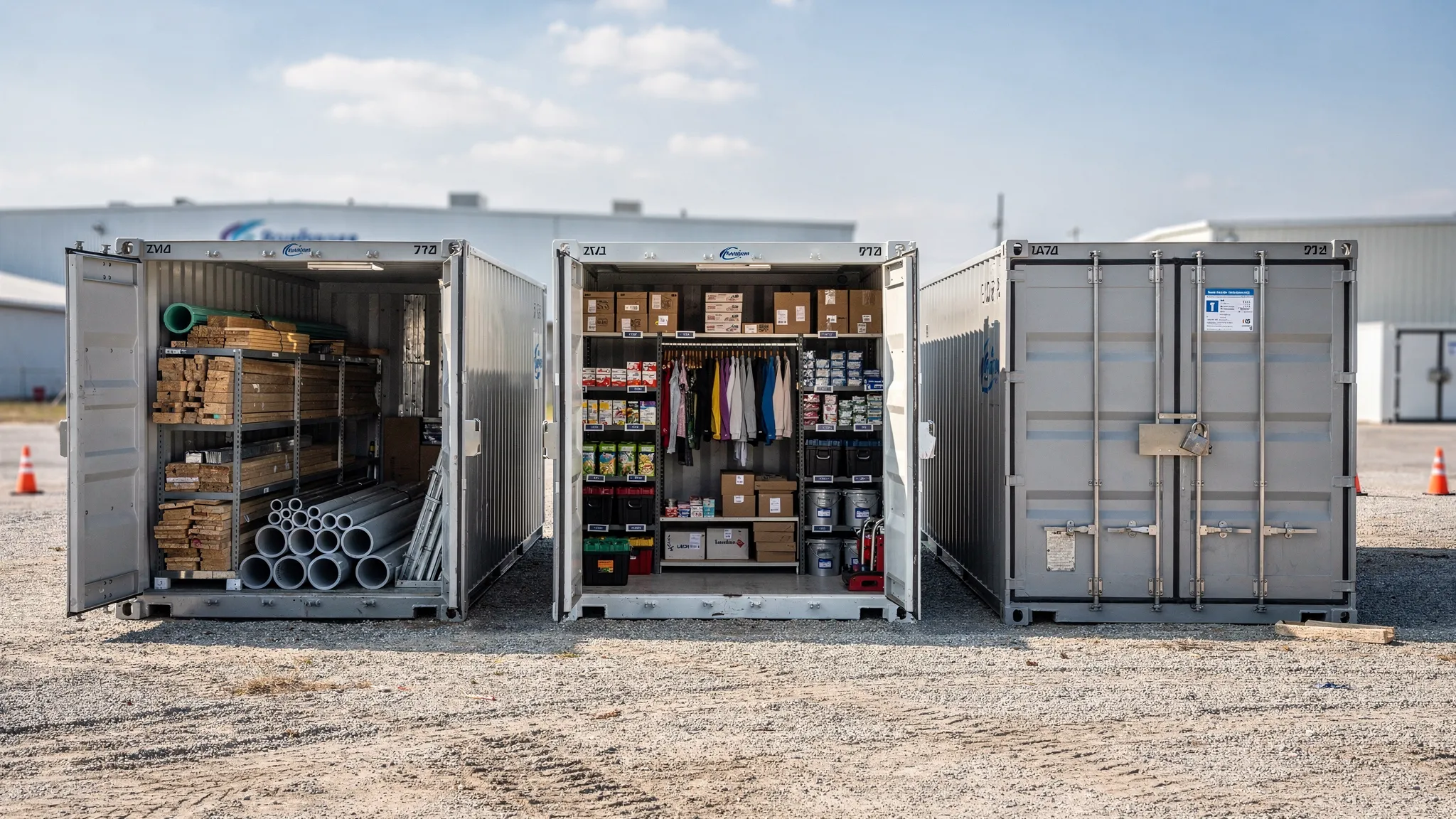 Custom shipping containers used for business storage, with one container set up for construction materials, another for retail inventory, and a third with secure doors on a prepared gravel site.