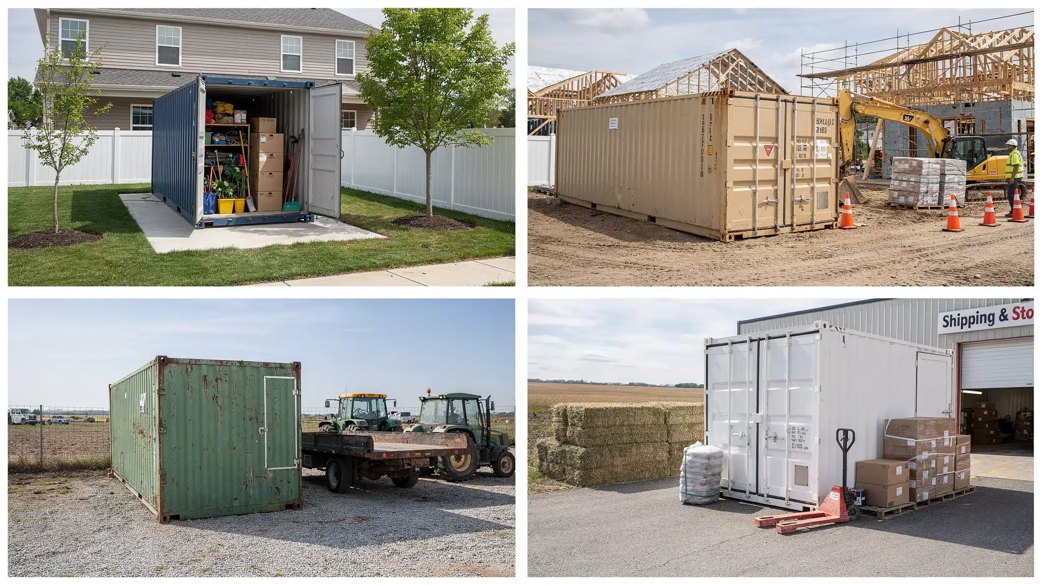 Shipping and Storage Container Uses for U.S. Properties 1 Several shipping containers being used on different U.S. properties, including a residential backyard storage setup, a construction site material storage area, a farm equipment yard, and a small business inventory space.